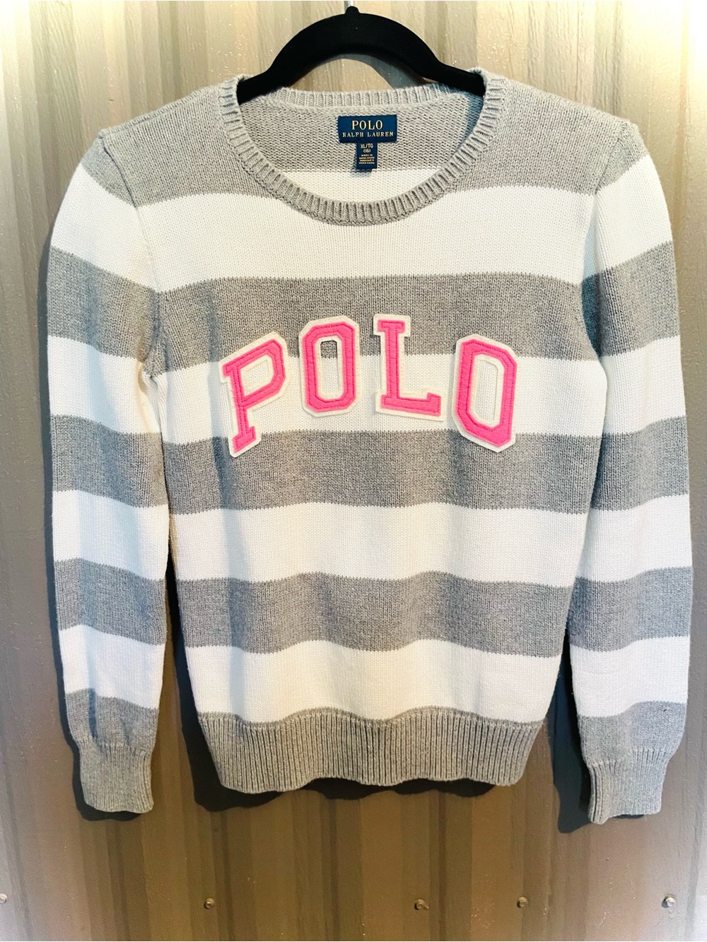 RARE VTG girls XL POLO Ralph Lauren sweater letterman spellout cotton Knit 16